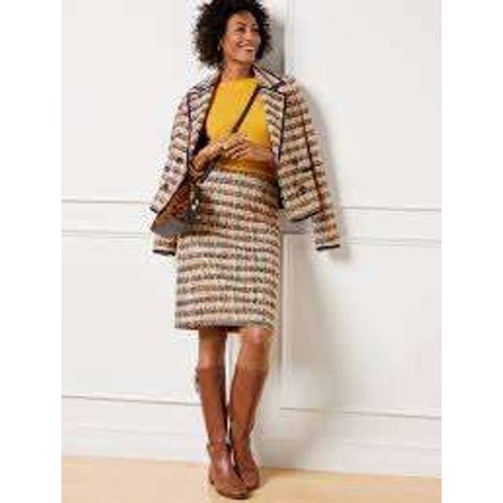 Talbots Petite Womens‎ Cafe Tweed Jacket Skirt Suit Set Pink Cream Plaid Sz 10P
